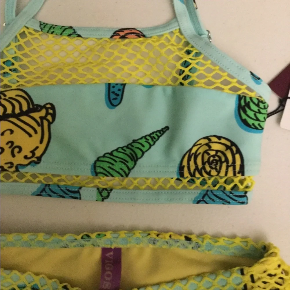 NWT Vigoss SZ 4 Shells! Bright Yellow & Aqua Crochet Mesh Skirt Swim Set